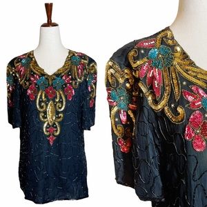 Vintage 80s Silk Beaded Regencycore Oversized Blouse